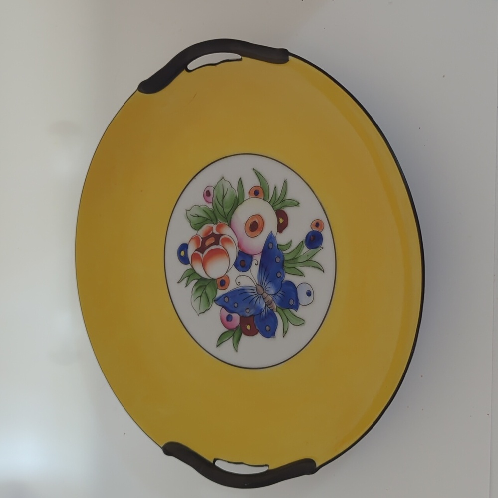 Noritake butterfly floral yellow border black handle cake plate